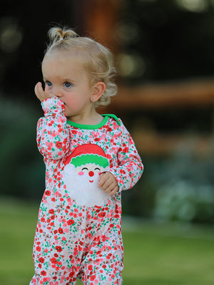 Christmas Santa Applique Baby Girls Floral Long Sleeve Ruffle Romper with Bow Ties