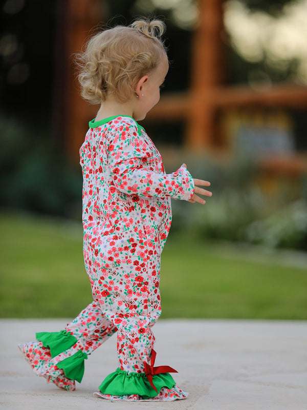 Christmas Santa Applique Baby Girls Floral Long Sleeve Ruffle Romper with Bow Ties