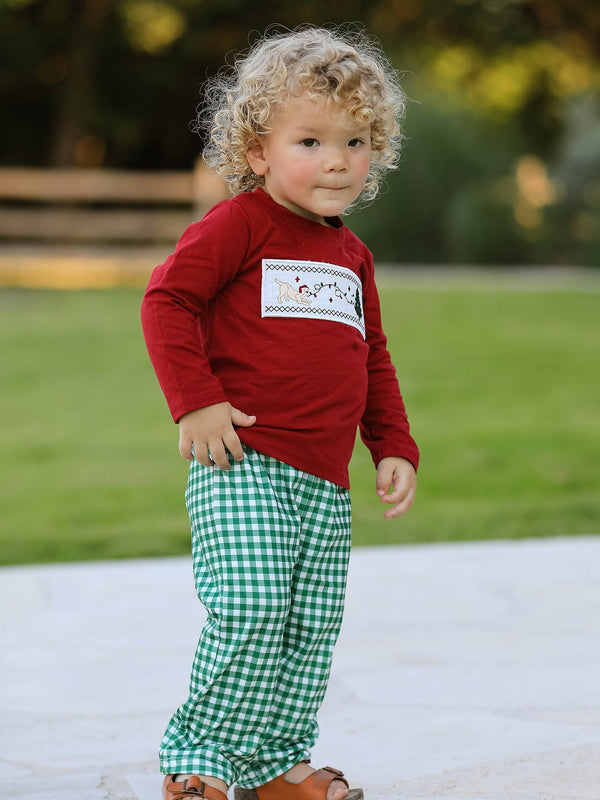 Christmas Tree Dog Smocking Embroidered  Plaid Boys Set