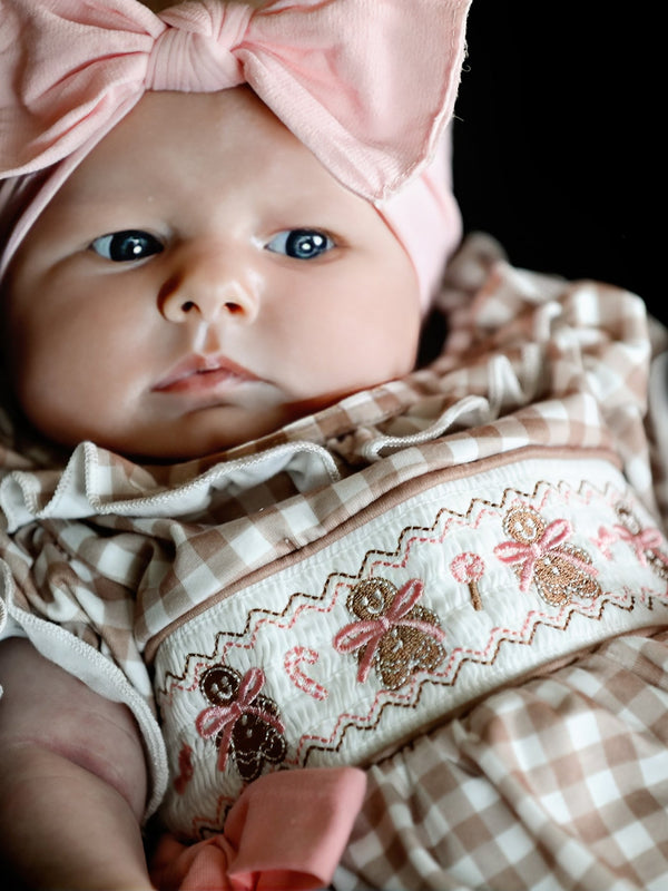 Christmas Vintage-Style Plaid Embroidered Gingerbread and Bows Girls Romper