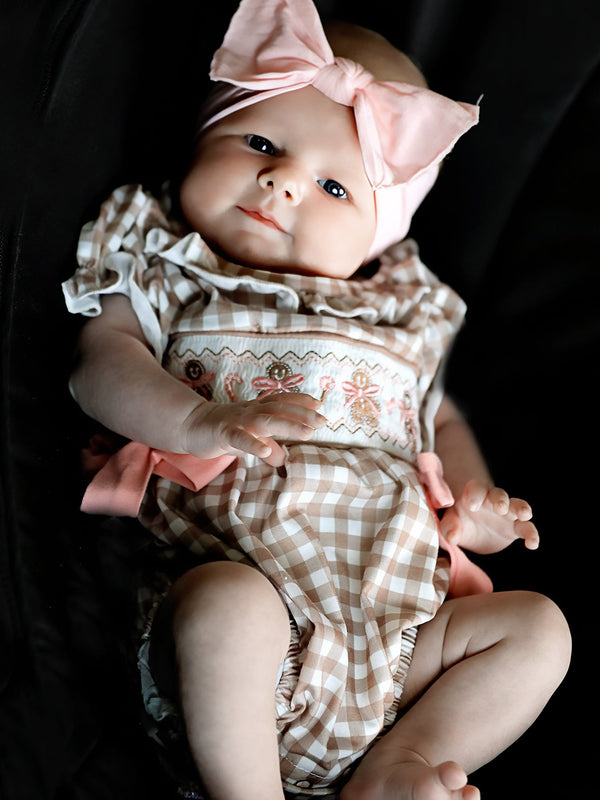 Christmas Vintage-Style Plaid Embroidered Gingerbread and Bows Girls Romper