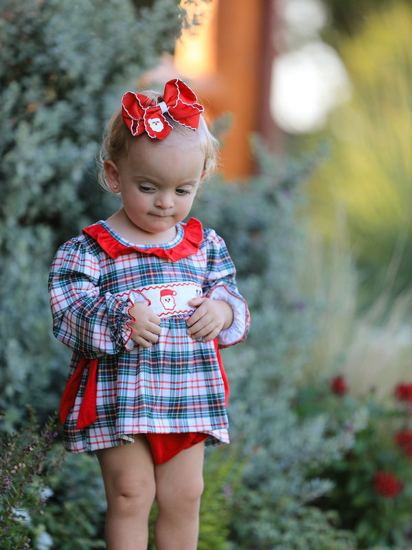 Christmas Plaid Smocking Embroidered Girls Bloomers Romper Set