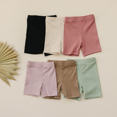 Ribbed bamboo bike shorts for babies, soft and breathable, perfect for active play and comfort.