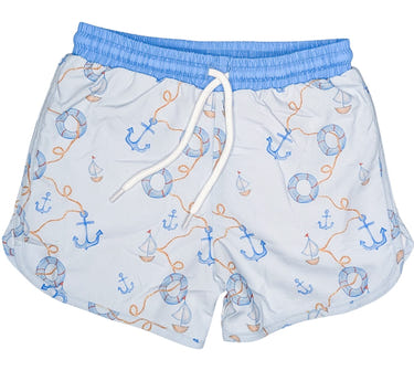 "Anchors Away boy's swim bottoms featuring a fun nautical design, perfect for beach days and pool fun."