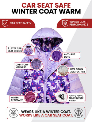 Car Seat Coat | The Road Coat Down - Purple Raptor Print