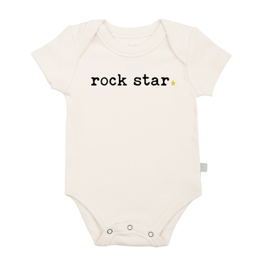 Rock star graphic bodysuit for babies, short sleeve design, perfect for stylish little ones.
