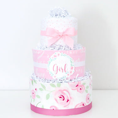 Rose Diaper Cake: Adorable and unique baby shower gift made of diapers, decorated with pink roses and ribbons.