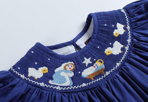 Royal Blue Christmas Nativity Smocked Bishop Dress