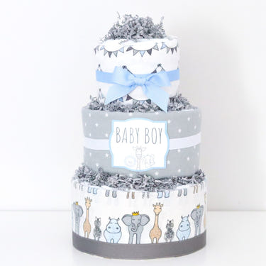 Royal Safari Diaper Cake featuring adorable animal designs, perfect for baby showers and newborn gifts.