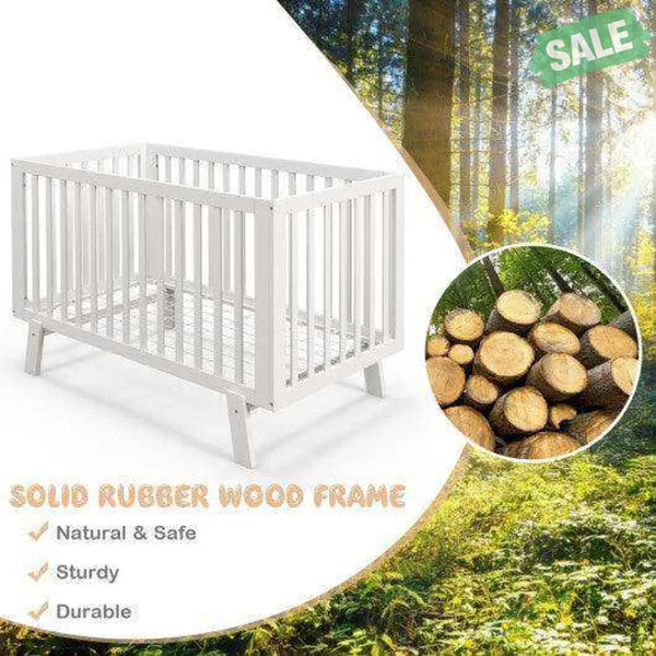 Rubber Wood Baby Crib with Adjustable Mattress Heights and Guardrails-White Baby Playpen & Playards
