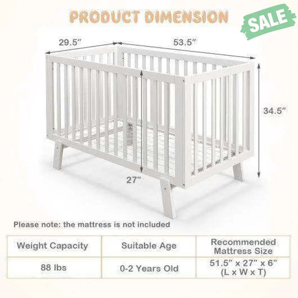 Rubber Wood Baby Crib with Adjustable Mattress Heights and Guardrails-White Baby Playpen & Playards