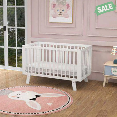 Rubber Wood Baby Crib with Adjustable Mattress Heights and Guardrails-White Baby Playpen & Playards