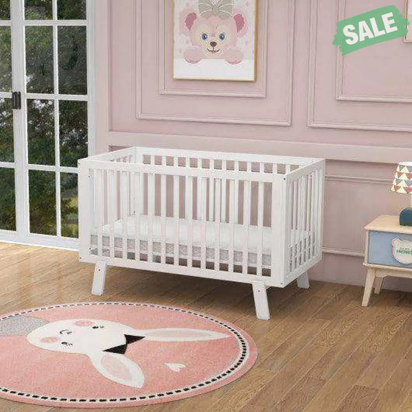 Rubber Wood Baby Crib with Adjustable Mattress Heights and Guardrails-White Baby Playpen & Playards