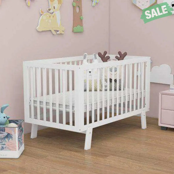 Rubber Wood Baby Crib with Adjustable Mattress Heights and Guardrails-White Baby Playpen & Playards