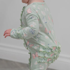 Mint Butterfly Daisy Bamboo Ruffle Baby Footie