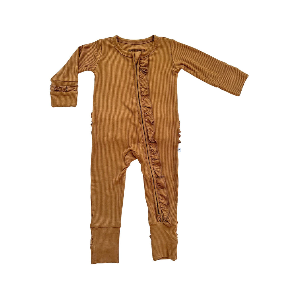 Caramel Ribbed Baby Pajamas | Ruffle Zipper Romper