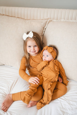 Caramel Ribbed Baby Pajamas | Ruffle Zipper Romper