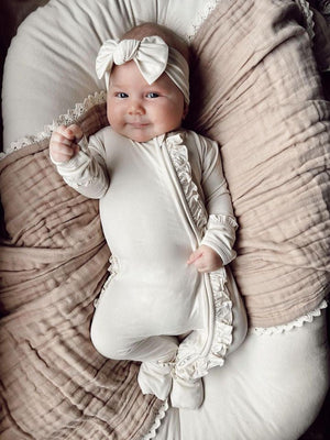 Cream Baby Pajamas | Ruffle Zipper Romper