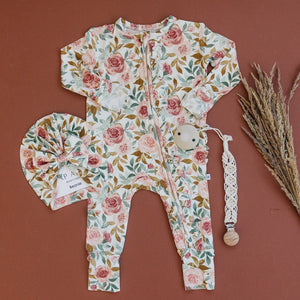Dusty Pink Floral Baby Pajamas | Ruffle Zipper Romper
