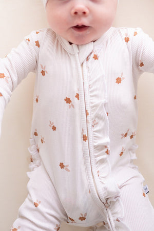 Fleur Ribbed Baby Pajamas | Ruffle Zipper Romper