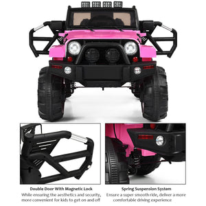 12V kids remote control riding truck car with LED lights, angle view showcasing design and features. Perfect for outdoor fun!