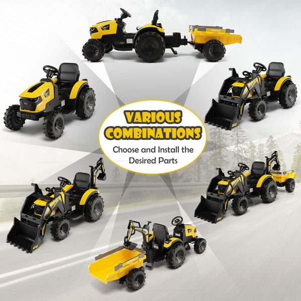 12V 3 in 1 Kids Ride On Excavator with Shovel Bucket and Music, angled view showcasing fun and interactive features.
