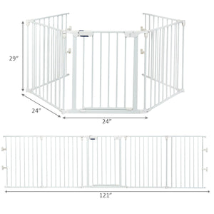 Adjustable 5-panel fireplace fence for babies and pets, 115 inches long, shown at a 10-degree angle.