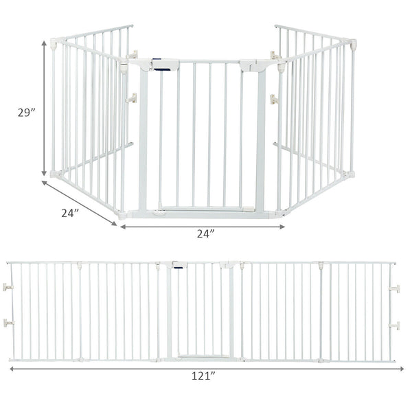 Adjustable 5-panel fireplace fence for babies and pets, 115 inches long, shown at a 10-degree angle.