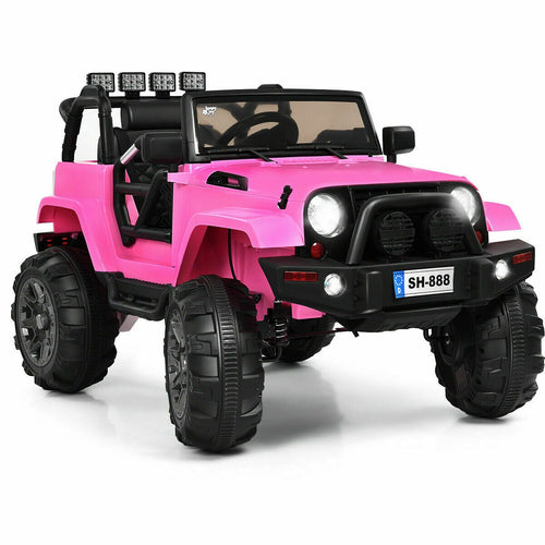 12V kids remote control riding truck car with LED lights, angled view showcasing fun design and features.