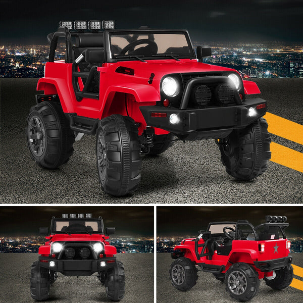 12V kids remote control riding truck car with LED lights, angled view showcasing design and features.