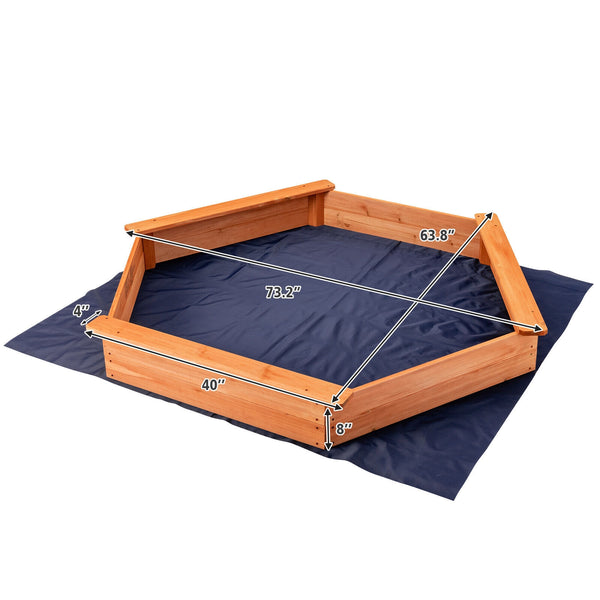 Hexagon Wooden Cedar Sand Box with Seat Boards - UV-Protected Cover