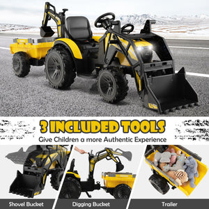 12V 3 in 1 Kids Ride On Excavator with Shovel Bucket and Music, fun toy for outdoor play, angle view.