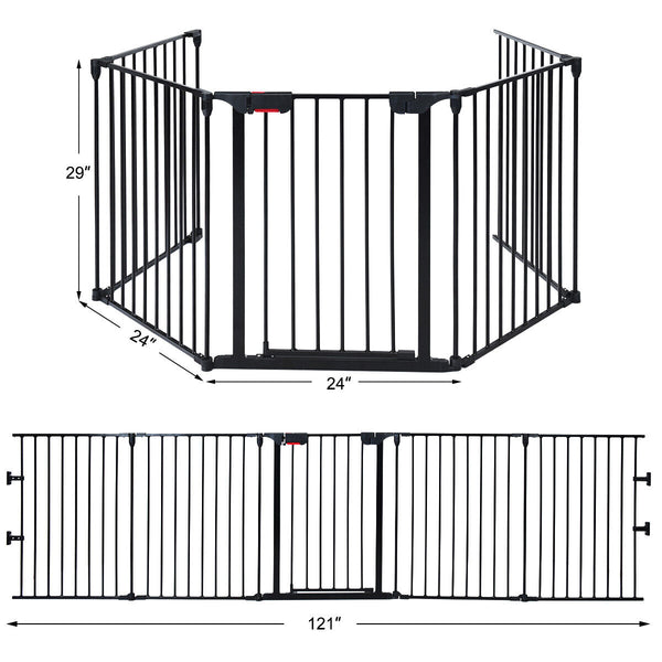 Adjustable 5-panel fireplace fence for pets, 115 inches long, shown from angle 3. Safe and stylish barrier for your home.