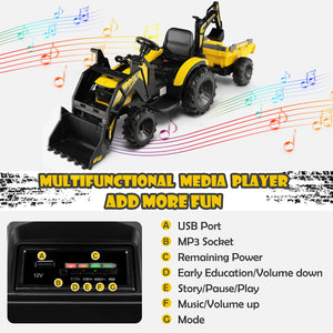 12V 3 in 1 Kids Ride On Excavator with shovel bucket and music, perfect for outdoor play and imaginative fun.