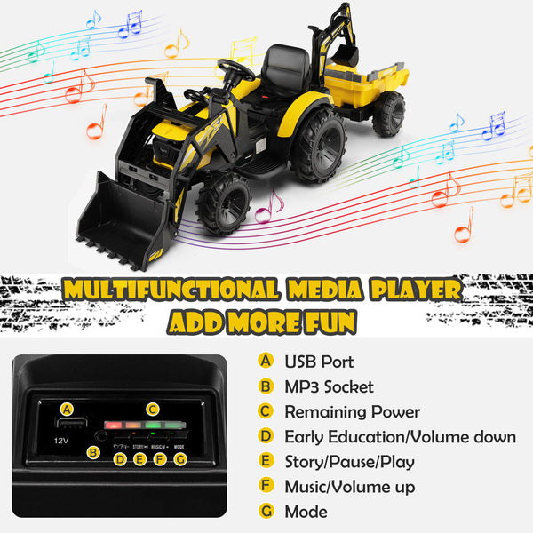12V 3 in 1 Kids Ride On Excavator with shovel bucket and music, perfect for outdoor play and imaginative fun.