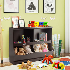 Kids storage unit and toy organizer bookshelf for children, angled view showcasing colorful design and functionality.