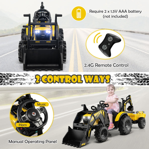 12V 3 in 1 Kids Ride On Excavator with shovel bucket and music, perfect for outdoor play and imaginative fun.