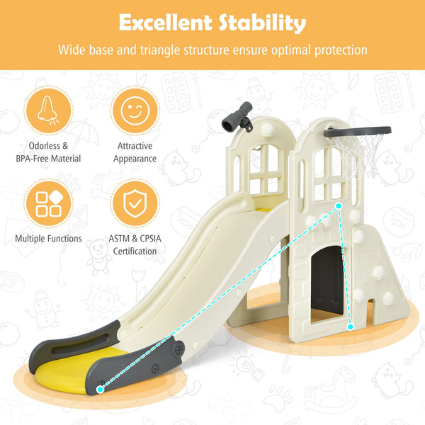 6-In-1 Large Slide for Kids Toddler Climber Slide Playset with Basketball Hoop