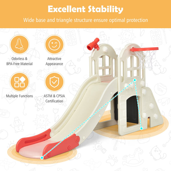 6-In-1 Large Slide for Kids Toddler Climber Slide Playset with Basketball Hoop