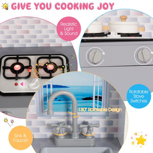 2-In-1 Double Sided Kids Kitchen Playset and Dollhouse with Furniture