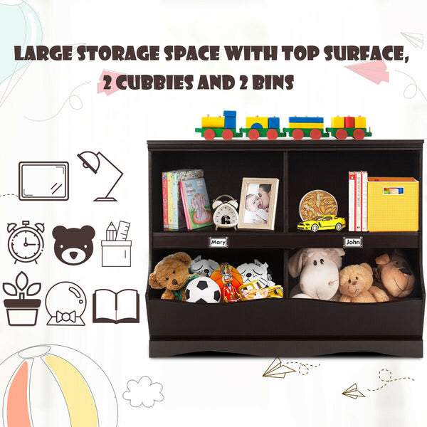 Kids storage unit toy organizer and bookshelf for children, angled view showcasing colorful compartments.
