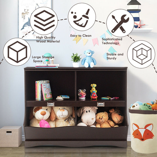 Kids storage unit toy organizer and bookshelf for children, angled view showcasing its functional design.