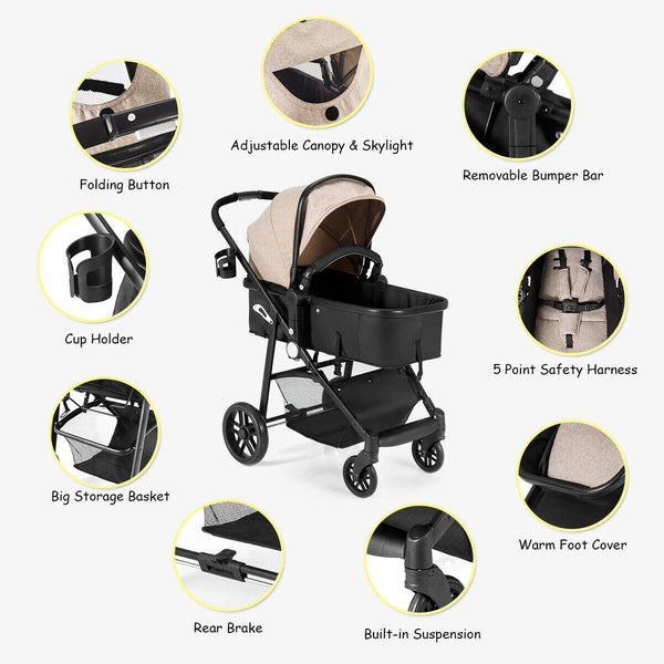 2-in-1 foldable pushchair stroller for newborns and infants, viewed at a 32-degree angle.