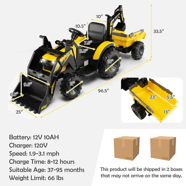 12V 3 in 1 Kids Ride On Excavator with shovel bucket and music, perfect for outdoor play and imaginative fun.