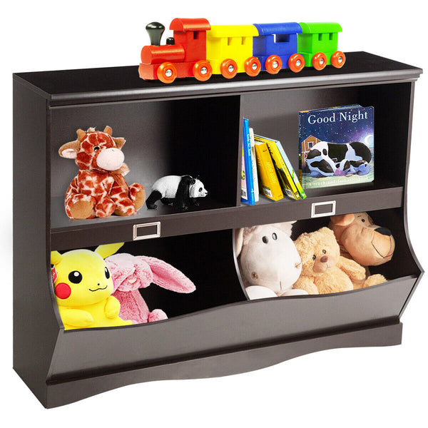 Kids storage unit and toy organizer bookshelf for children, angled view showcasing its design and functionality.