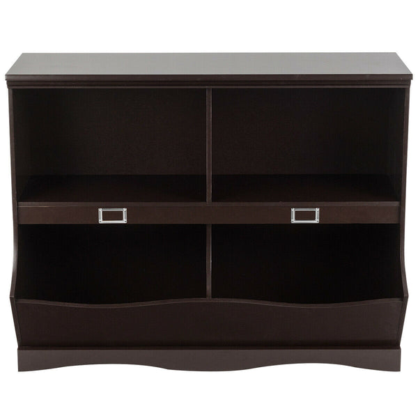 Kids storage unit and toy organizer bookshelf for children, angled view showcasing vibrant design and functionality.