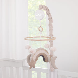 Rainbow Moon and Stars Pom Pom Ivory, Taupe, and Natural Wood Tones Plush Nursery Musical Mobile