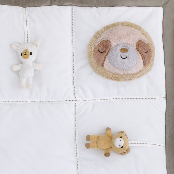 Playful Pals White, Tan, and Gray Four 3D Animals With Crinkle Plush Tummy Time Play Mat - Sloth, Llama, Elephant, and Giraffe