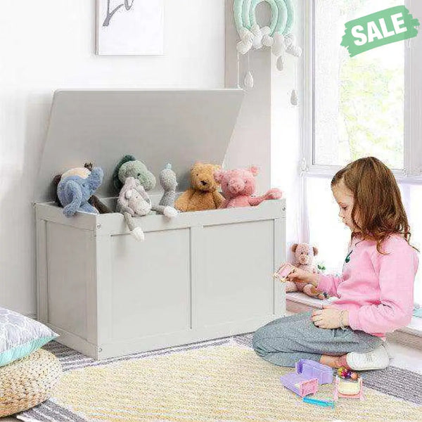 Safety Hinge Wooden Chest Organizer Toy Storage Box-White Gray Kids Storage