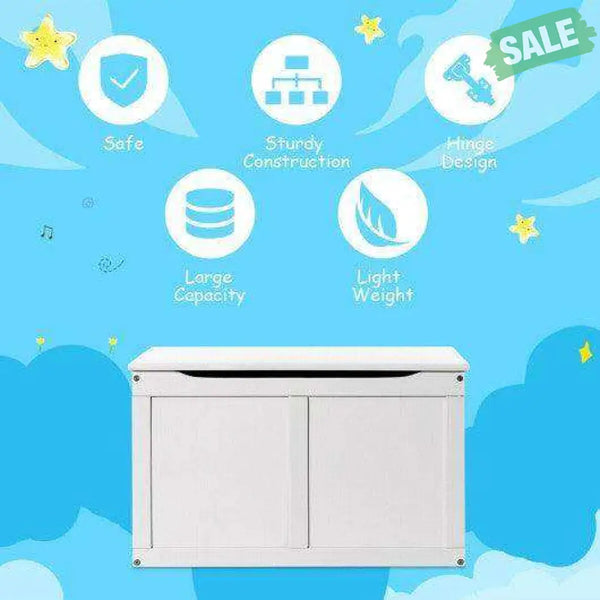 Safety Hinge Wooden Chest Organizer Toy Storage Box-White Gray Kids Storage